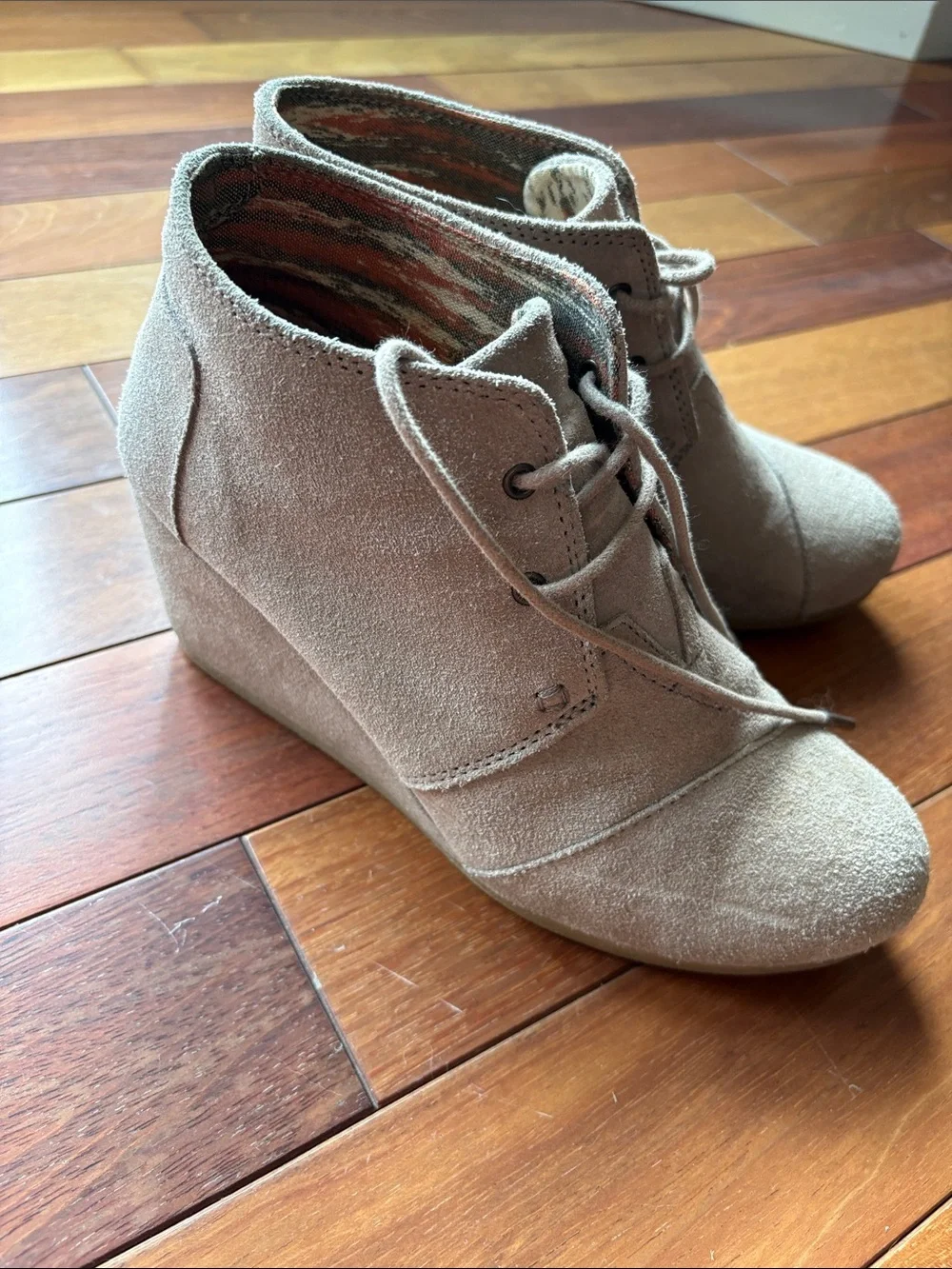 Toms Taupe Suede Lace-Up Wedge Booties